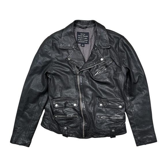 Lucky Brand Black Label Titan Slim Leather Moto Brando Jacket Black Mens Large - Picture 1 of 12